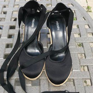 BLACK SATIN FABRIC ESPADRILLES WITH RIBBONS SIZE 9